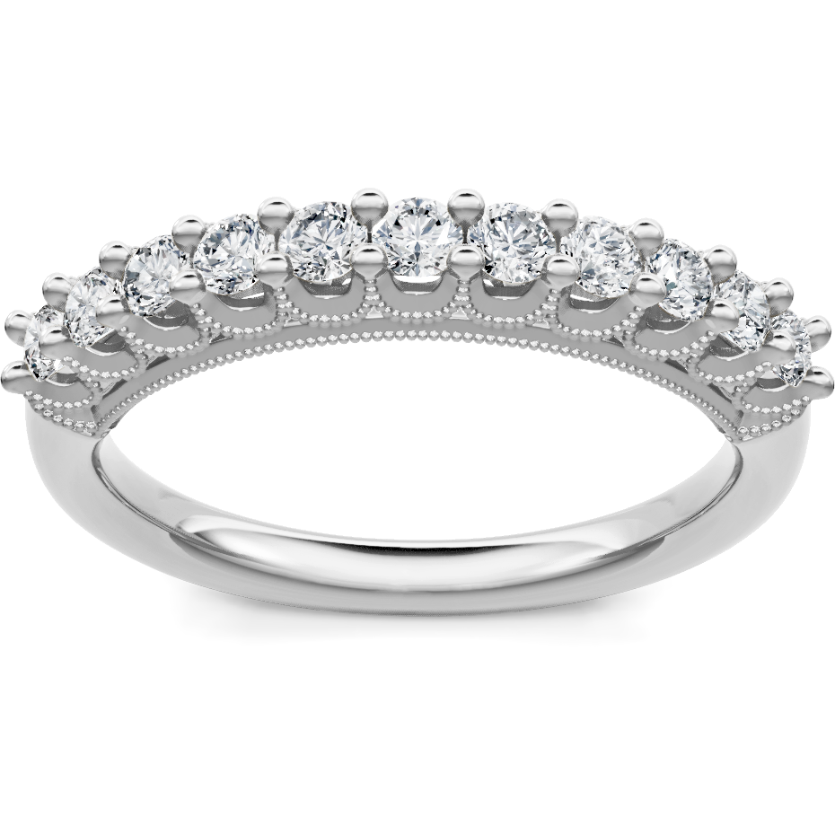 This gold 14K White Gold rose wedding band features a comfort fit style with a comfort fit setting. The design is accented with diamonds totaling about 0.045 carats.