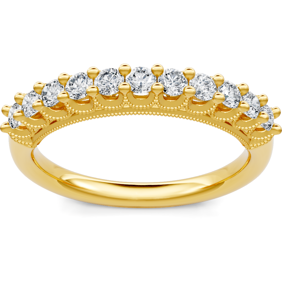 This gold 14K Yellow Gold rose wedding band features a comfort fit style with a comfort fit setting. The design is accented with diamonds totaling about 0.045 carats.