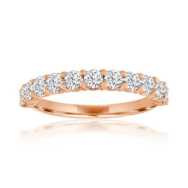This gold 14K Rose' Gold rose wedding band features a comfort fit style with a comfort fit setting. The design is accented with diamonds totaling about 0.045 carats.