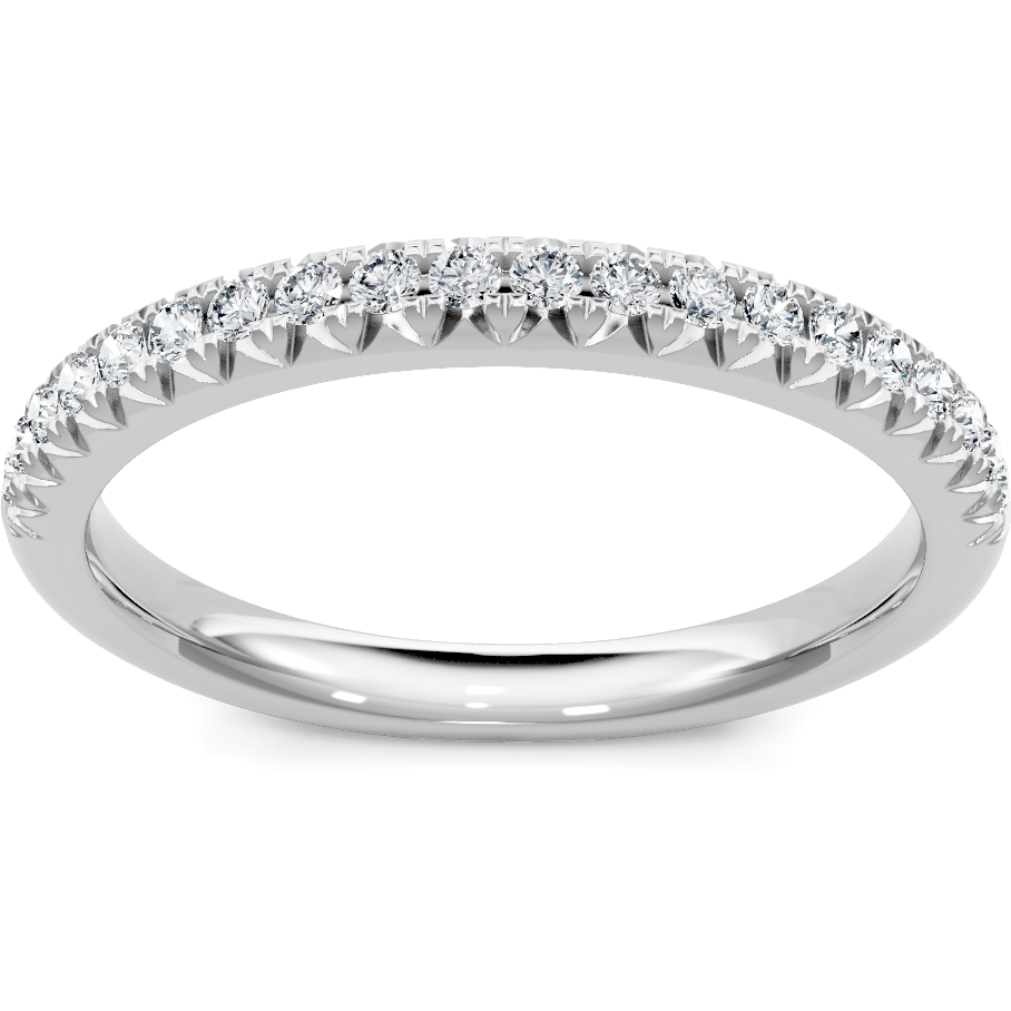 This gold 14K White Gold rose wedding band features a wedding band style with a wedding band setting. The design is accented with diamonds totaling about 0.029 carats.