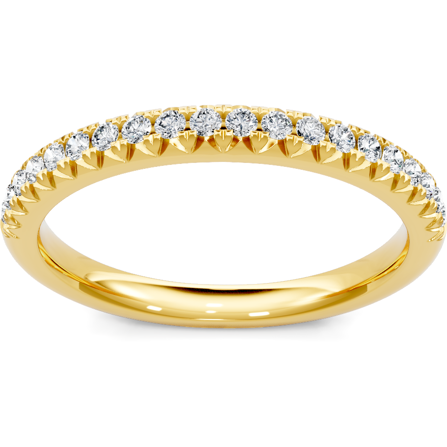 This gold 14K Yellow Gold rose wedding band features a wedding band style with a wedding band setting. The design is accented with diamonds totaling about 0.029 carats.