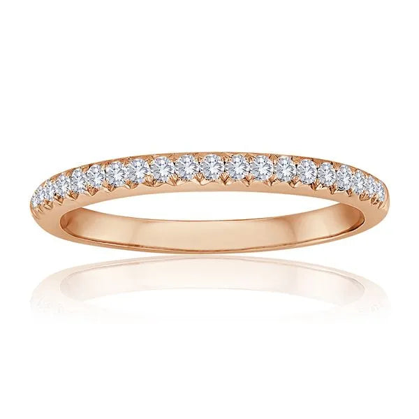 This gold 14K Rose' Gold rose wedding band features a wedding band style with a wedding band setting. The design is accented with diamonds totaling about 0.029 carats.