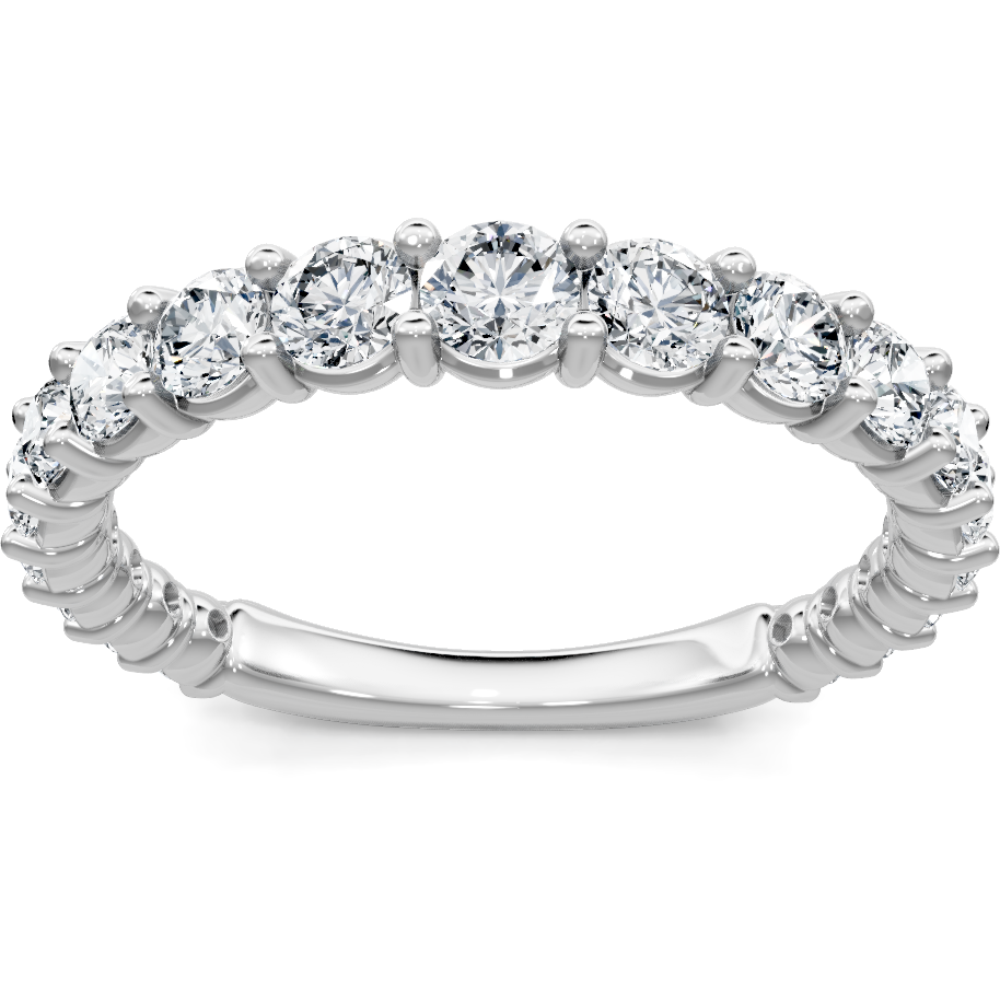 This gold 14K White Gold rose wedding band features a comfort fit style with a comfort fit setting. The design is accented with diamonds totaling about 0.5 carats.