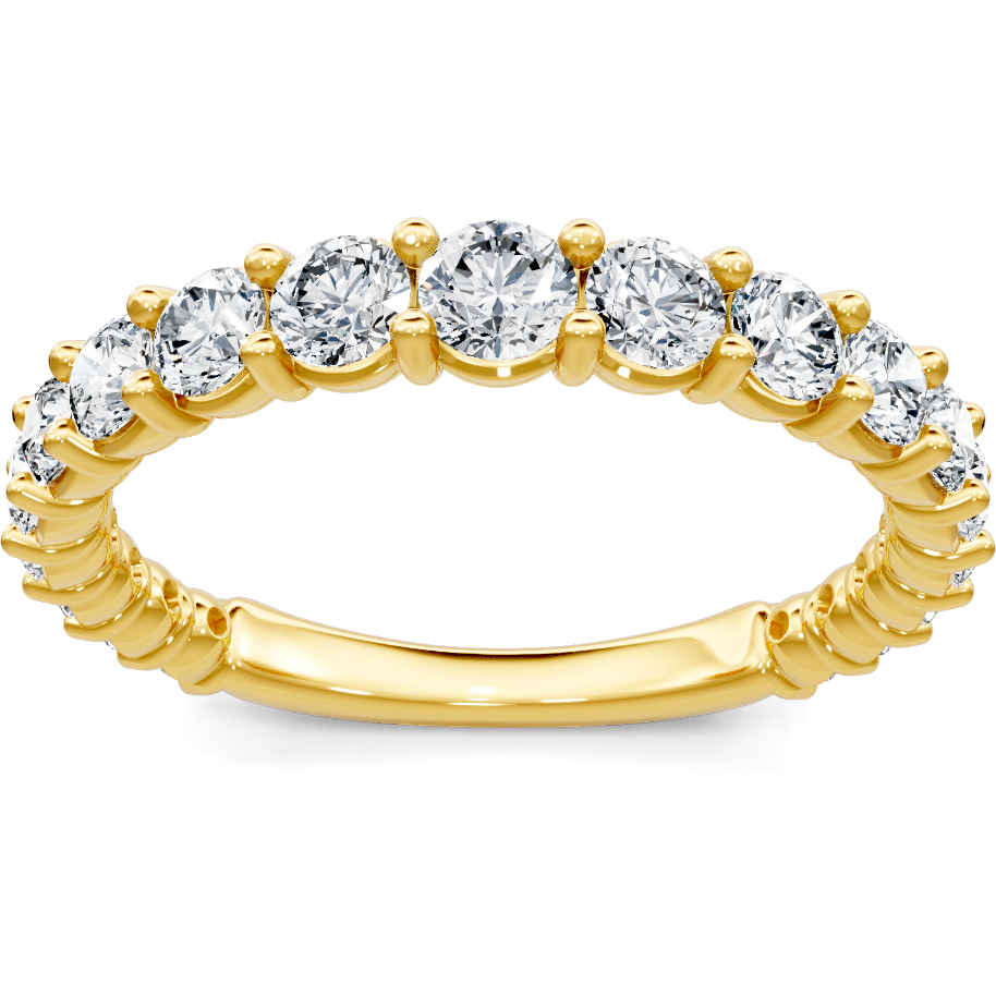 This gold 14K Yellow Gold rose wedding band features a comfort fit style with a comfort fit setting. The design is accented with diamonds totaling about 0.5 carats.