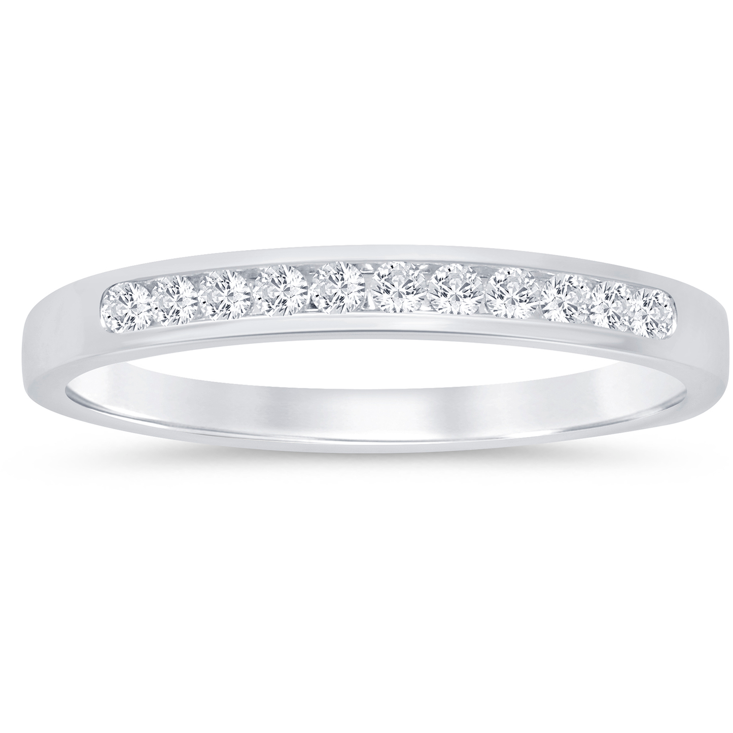This gold 14K White Gold rose wedding band features a comfort fit style with a comfort fit setting. The design is accented with diamonds totaling about 0.045 carats.