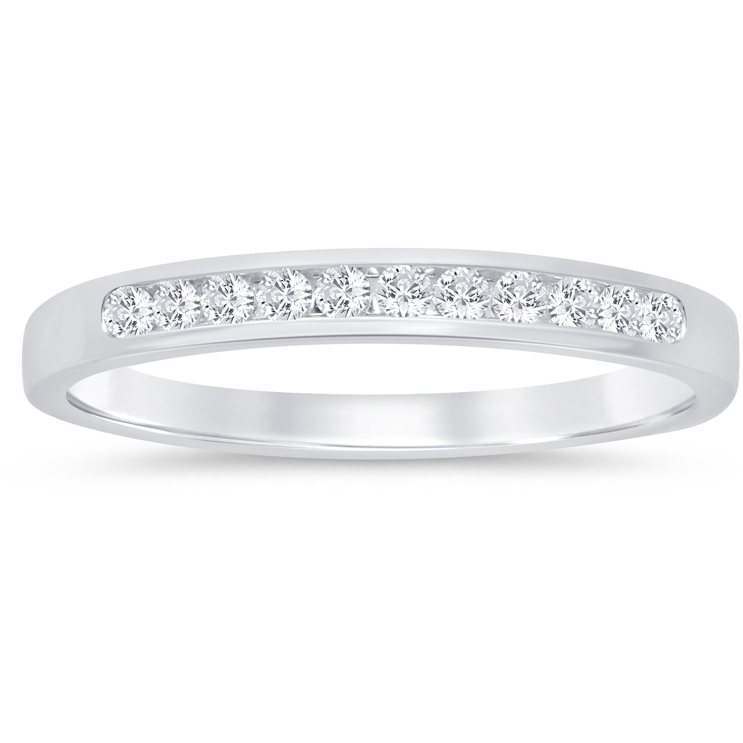 This gold 14K White Gold rose wedding band features a comfort fit style with a comfort fit setting. The design is accented with diamonds totaling about 0.045 carats.