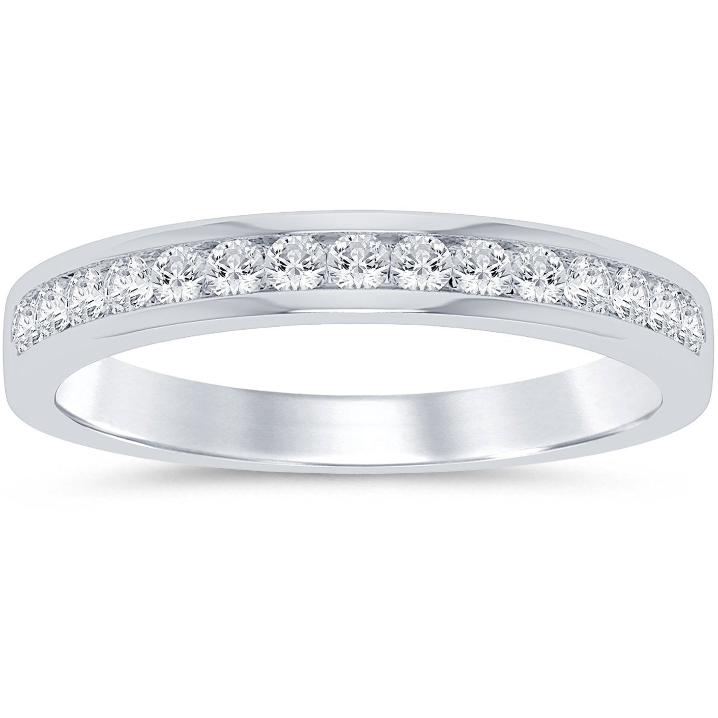 This gold 14K White Gold rose wedding band features a channel style with a channel setting. The design is accented with diamonds totaling about 0.033 carats.