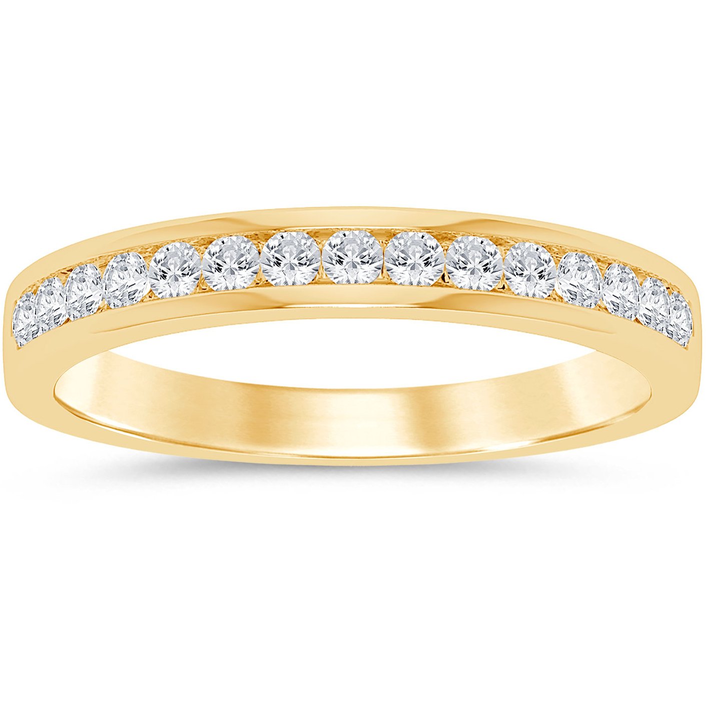 This gold 14K Yellow Gold rose wedding band features a channel style with a channel setting. The design is accented with diamonds totaling about 0.033 carats.