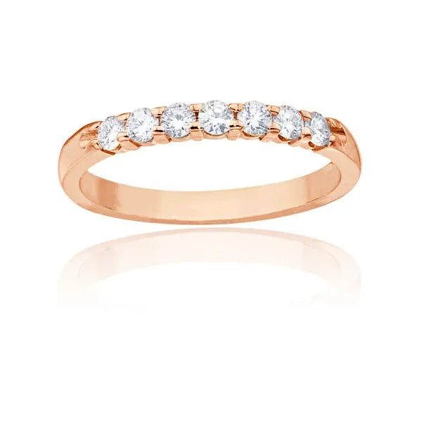 This gold 14K Rose' Gold rose wedding band features a wedding band style with a wedding band setting. The design is accented with diamonds totaling about 0.21 carats.