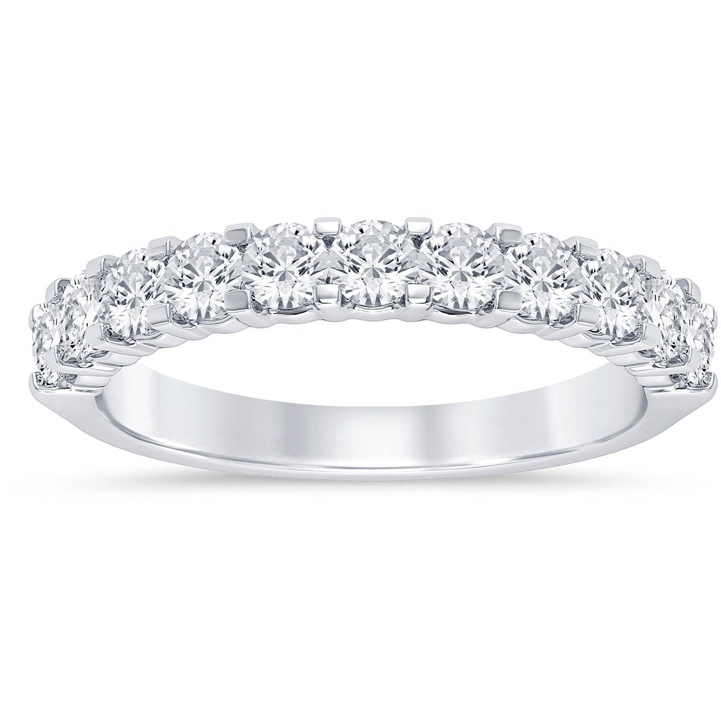 This gold 14K White Gold rose wedding band features a comfort fit style with a comfort fit setting. The design is accented with diamonds totaling about 0.11 carats.