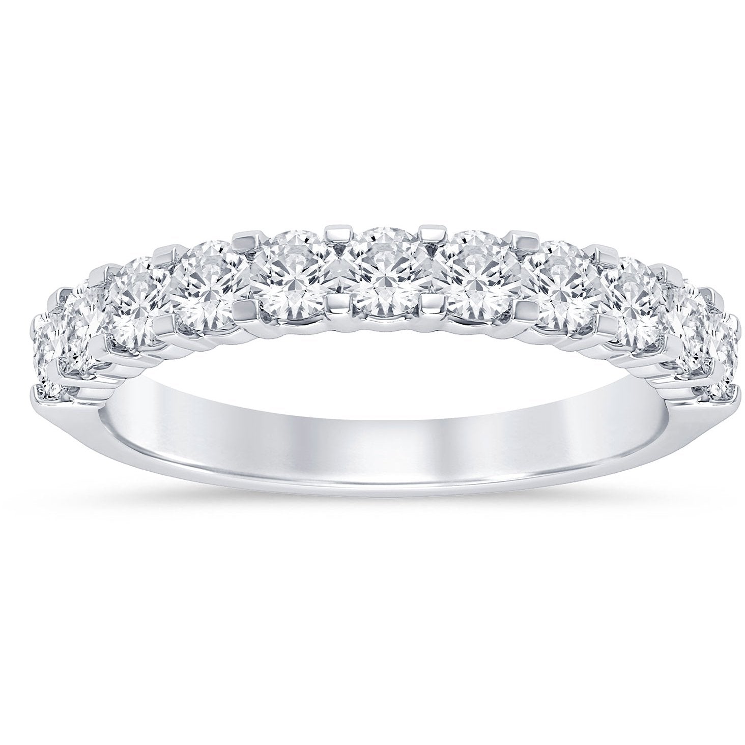 This gold 14K White Gold rose wedding band features a comfort fit style with a comfort fit setting. The design is accented with diamonds totaling about 0.11 carats.