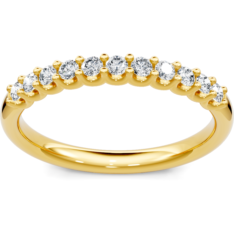This gold 14K Yellow Gold rose wedding band features a wedding band style with a wedding band setting. The design is accented with diamonds totaling about 0.25 carats.