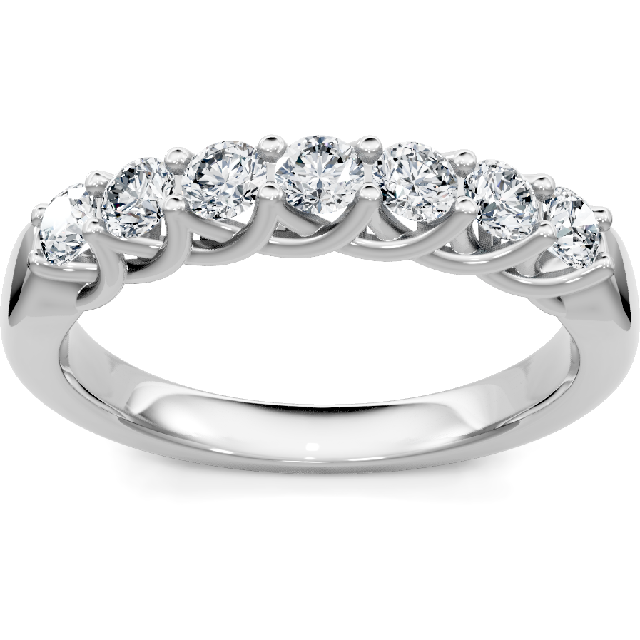 This gold 14K White Gold rose wedding band features a comfort fit style with a comfort fit setting. The design is accented with diamonds totaling about 0.5 carats.