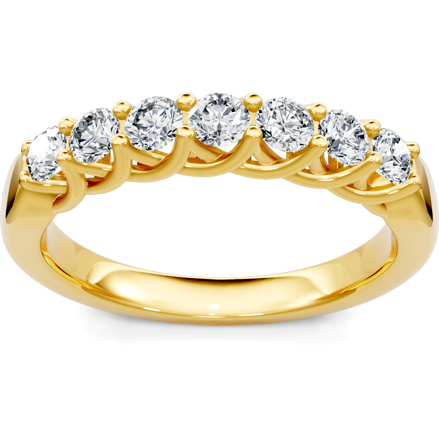This gold 14K Yellow Gold rose wedding band features a comfort fit style with a comfort fit setting. The design is accented with diamonds totaling about 0.5 carats.