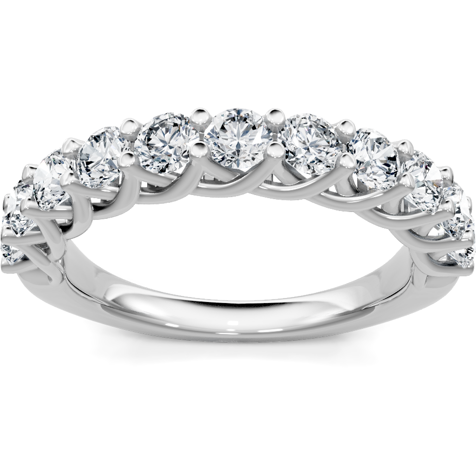 This gold 14K White Gold rose wedding band features a stackable style with a stackable setting. The design is accented with diamonds totaling about 0.25 carats.