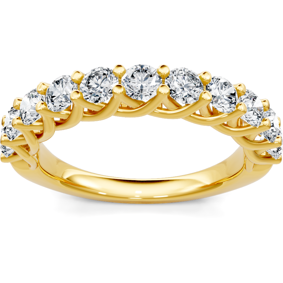 This gold 14K Yellow Gold rose wedding band features a stackable style with a stackable setting. The design is accented with diamonds totaling about 0.25 carats.