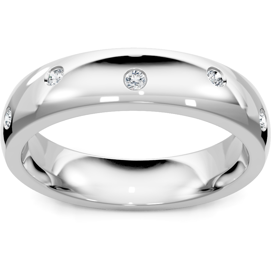 This gold 14K White Gold rose wedding band features a bezel style with a bezel setting. The design is accented with diamonds totaling about 0.1 carats.
