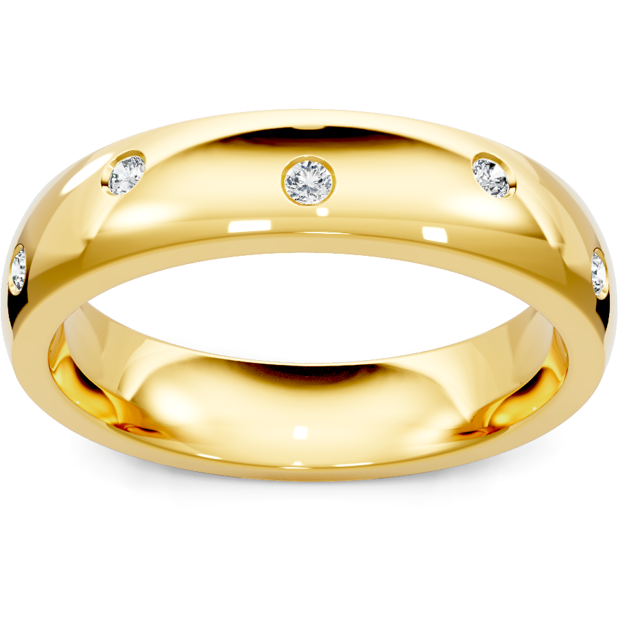 This gold 14K Yellow Gold rose wedding band features a bezel style with a bezel setting. The design is accented with diamonds totaling about 0.1 carats.