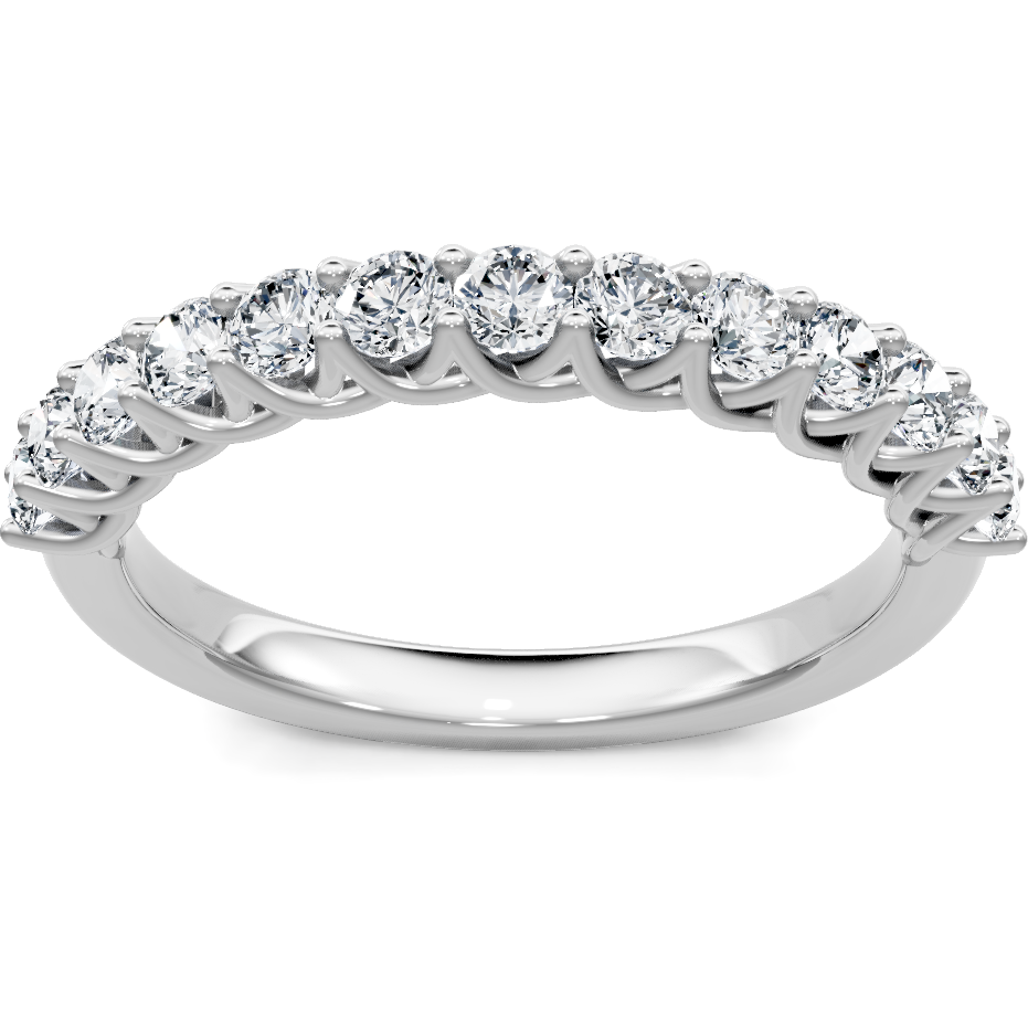 This gold 14K White Gold rose wedding band features a comfort fit style with a comfort fit setting. The design is accented with diamonds totaling about 0.5 carats.