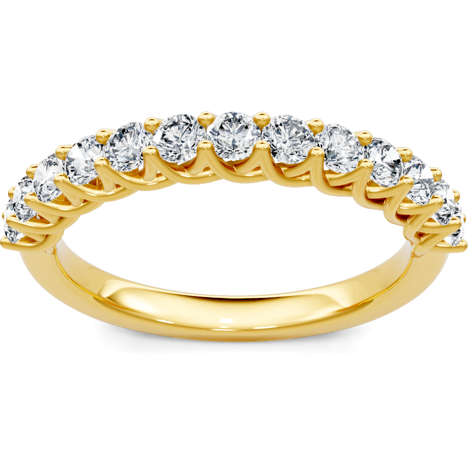 This gold 14K Yellow Gold rose wedding band features a comfort fit style with a comfort fit setting. The design is accented with diamonds totaling about 0.5 carats.