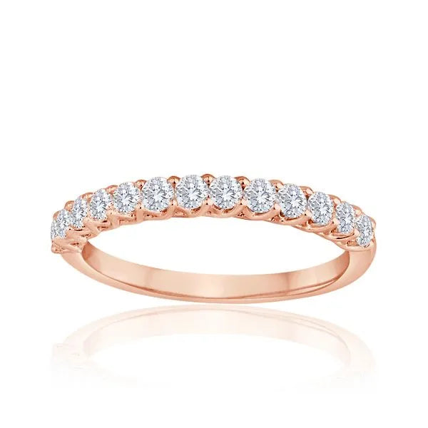 This gold 14K Rose' Gold rose wedding band features a comfort fit style with a comfort fit setting. The design is accented with diamonds totaling about 0.5 carats.