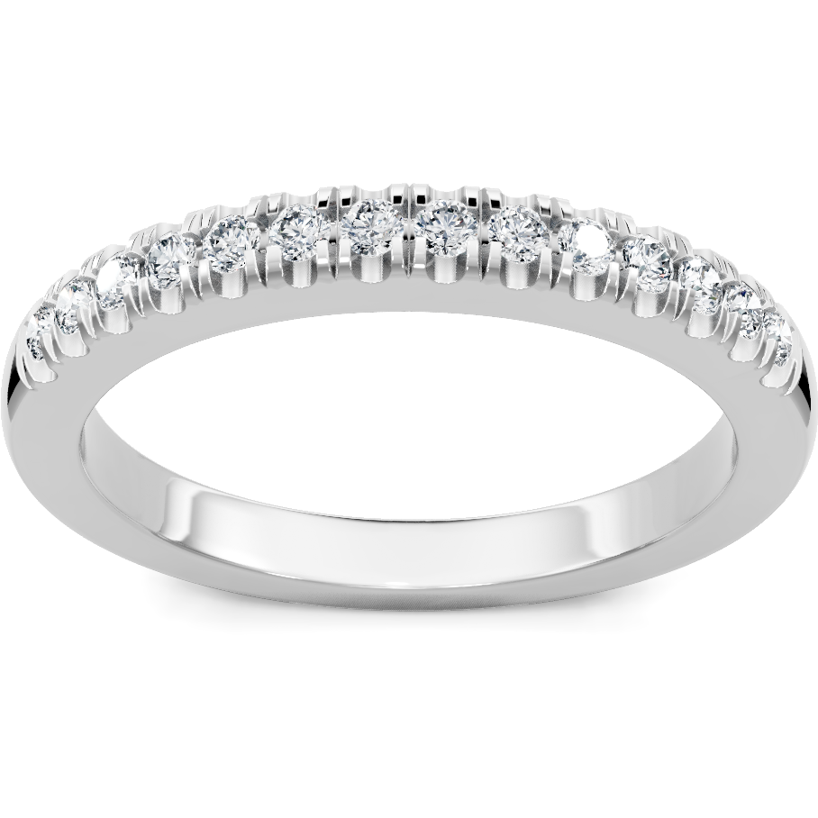 This gold 14K White Gold rose wedding band features a twisted style with a twisted setting. The design is accented with diamonds totaling about 0.17 carats.