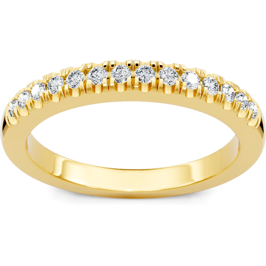This gold 14K Yellow Gold rose wedding band features a twisted style with a twisted setting. The design is accented with diamonds totaling about 0.17 carats.