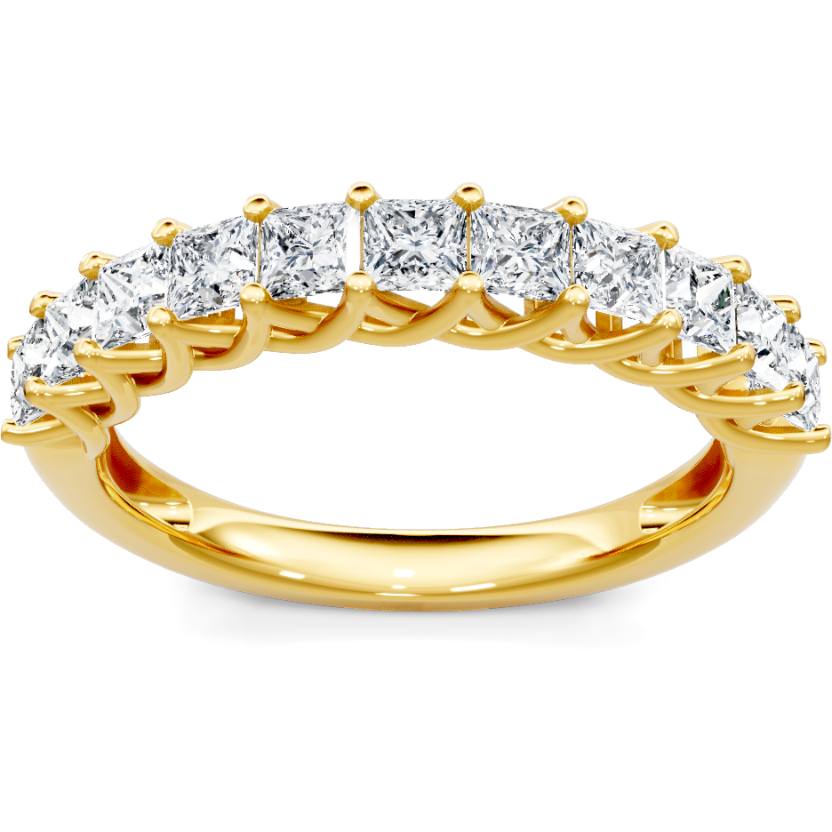 This gold 14K Yellow Gold rose wedding band features a wedding band style with a wedding band setting. The design is accented with diamonds totaling about 0.5 carats.