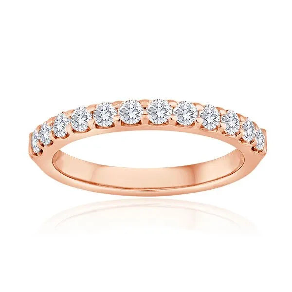 This gold 14K Rose' Gold rose wedding band features a twisted style with a twisted setting. The design is accented with diamonds totaling about 0.5 carats.