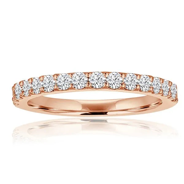 This gold 14K Rose' Gold rose wedding band features a milgrain style with a milgrain setting. The design is accented with diamonds totaling about 0.5 carats.