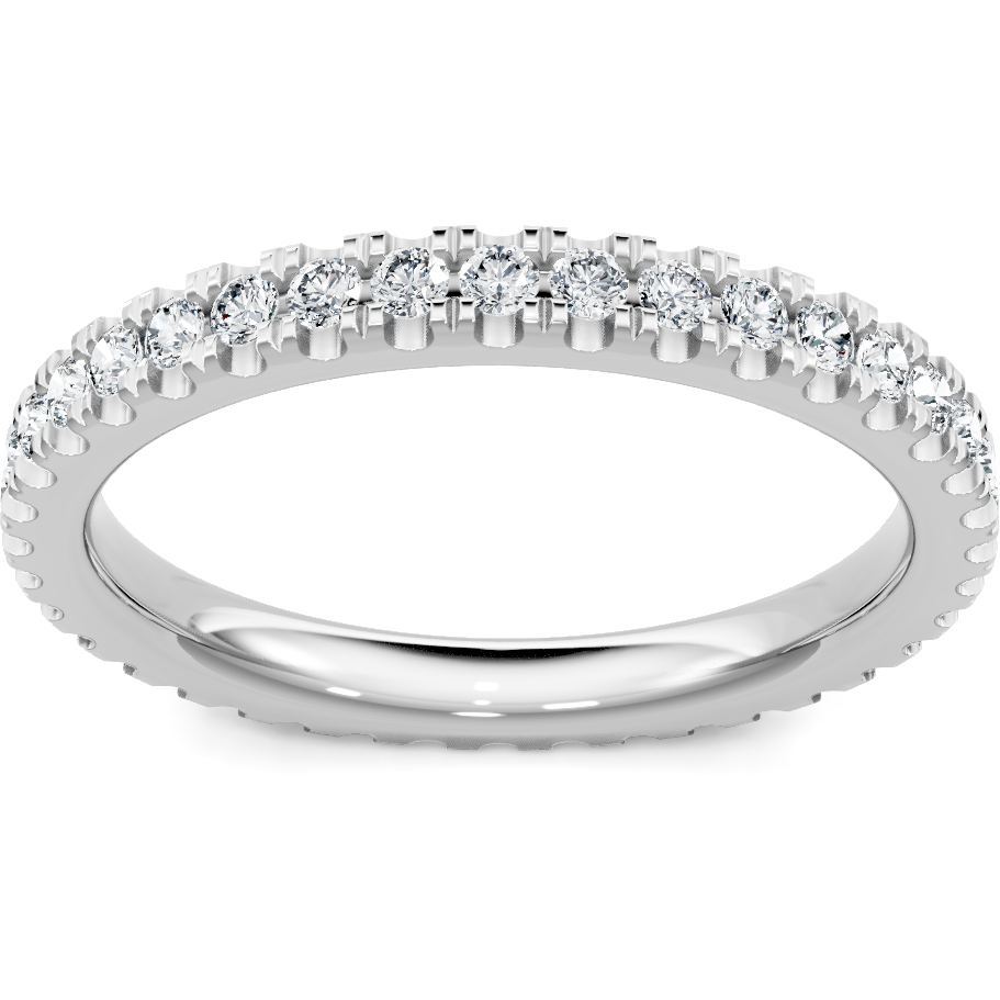 This gold 14K White Gold rose wedding band features a pavé style with a pavé setting. The design is accented with diamonds totaling about 0.25 carats.