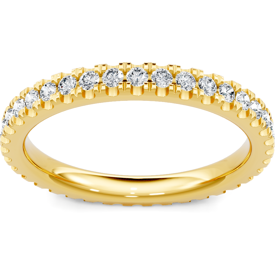 This gold 14K Yellow Gold rose wedding band features a pavé style with a pavé setting. The design is accented with diamonds totaling about 0.25 carats.