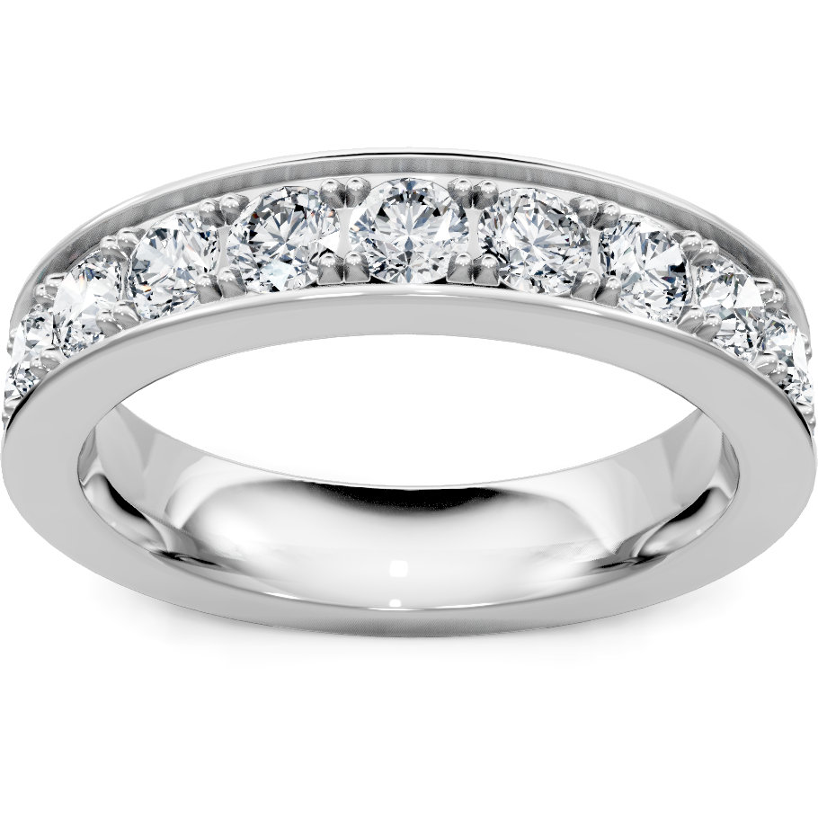 This gold 14K White Gold rose wedding band features a milgrain style with a milgrain setting. The design is accented with diamonds totaling about 1.0 carats.