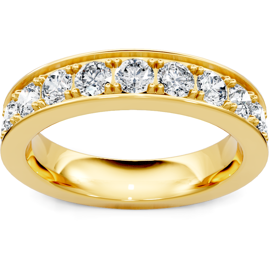 This gold 14K Yellow Gold rose wedding band features a milgrain style with a milgrain setting. The design is accented with diamonds totaling about 1.0 carats.