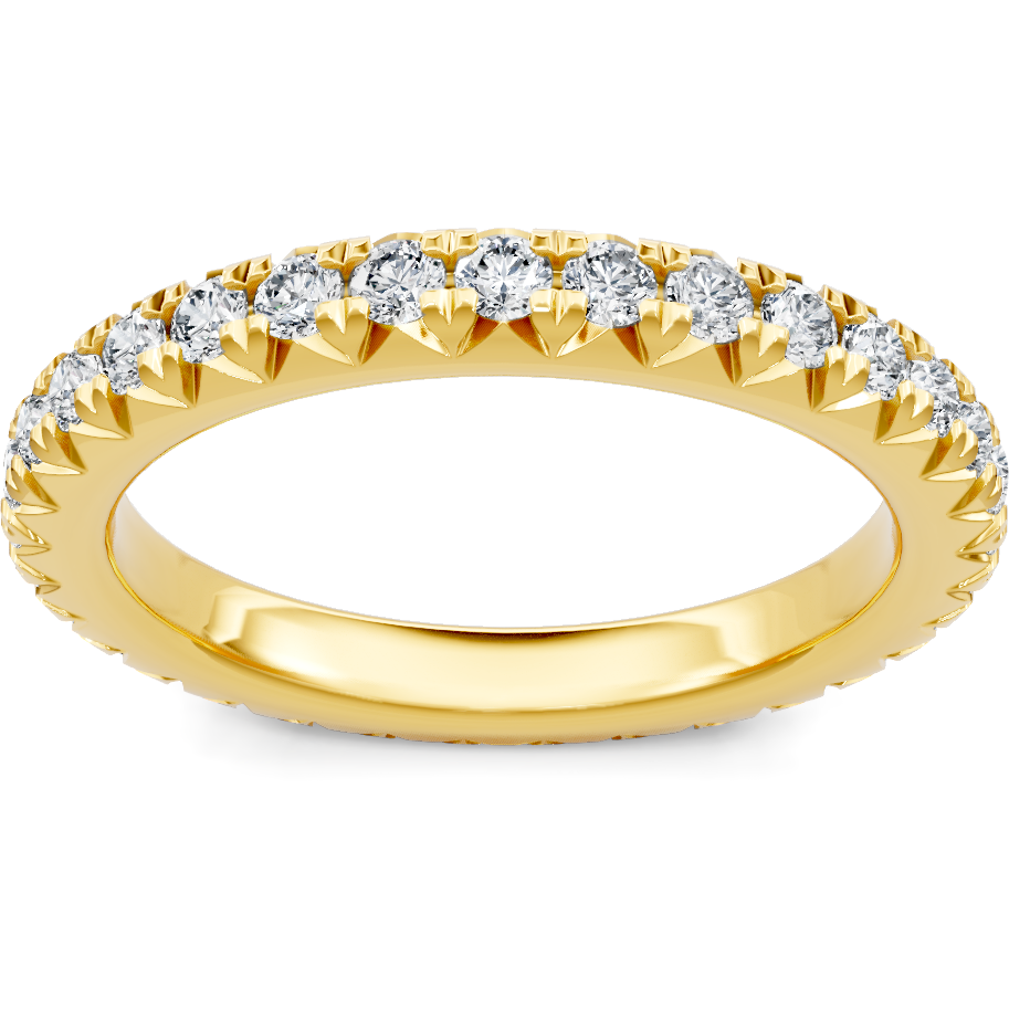 This gold 14K Yellow Gold rose wedding band features a wedding band style with a wedding band setting. The design is accented with diamonds totaling about 0.5 carats.