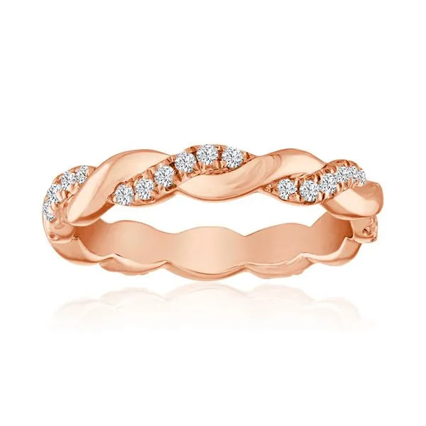 This gold 14K Rose' Gold rose wedding band features a twisted style with a twisted setting. The design is accented with diamonds totaling about 0.375 carats.