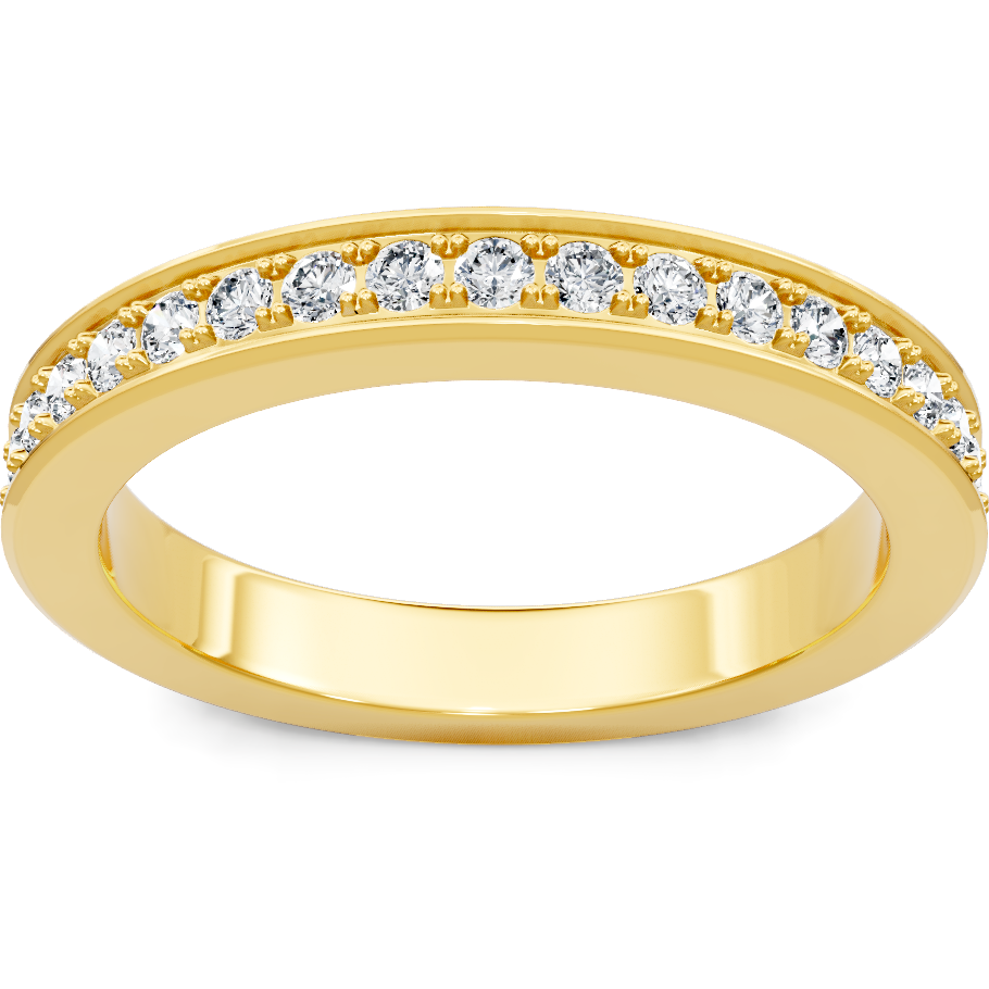 This gold 14K Yellow Gold rose wedding band features a twisted style with a twisted setting. The design is accented with diamonds totaling about 0.5 carats.