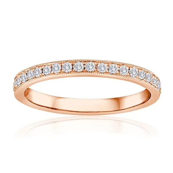 This gold 14K Rose' Gold rose wedding band features a twisted style with a twisted setting. The design is accented with diamonds totaling about 0.5 carats.