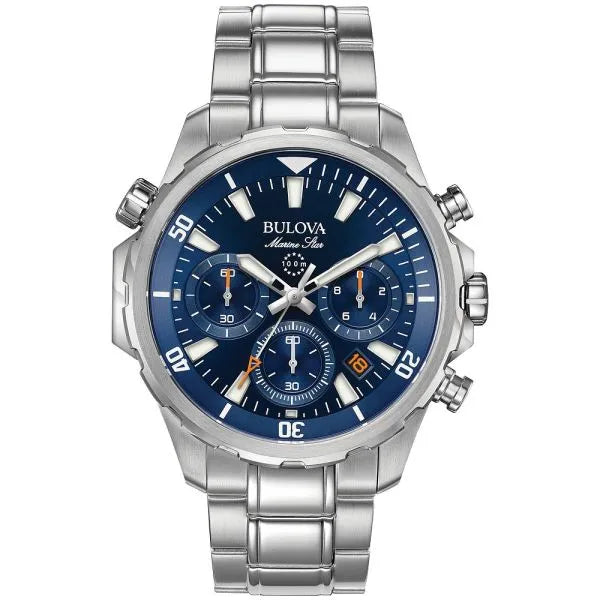 Bulova 96B256 watch with a 42 mm case with a blue dial paired with a stainless‑steel bracelet powered by a quartz movement and offering 30 m water resistance. This timepiece combines style and performance, highlighting Bulova’s craftsmanship and versatility in both formal and casual settings.