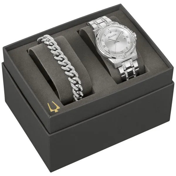 Bulova 96K114 watch with a 42 mm case with a black dial paired with a stainless‑steel bracelet powered by a quartz movement and offering 30 m water resistance. This timepiece combines style and performance, highlighting Bulova’s craftsmanship and versatility in both formal and casual settings.
