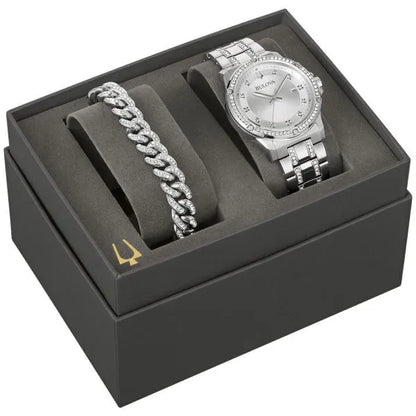 Bulova 96K114 watch with a 42 mm case with a black dial paired with a stainless‑steel bracelet powered by a quartz movement and offering 30 m water resistance. This timepiece combines style and performance, highlighting Bulova’s craftsmanship and versatility in both formal and casual settings.