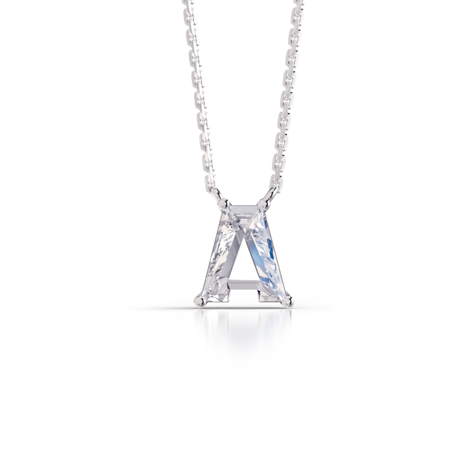 White gold necklace with an 'A' shaped diamond pendant on a white background