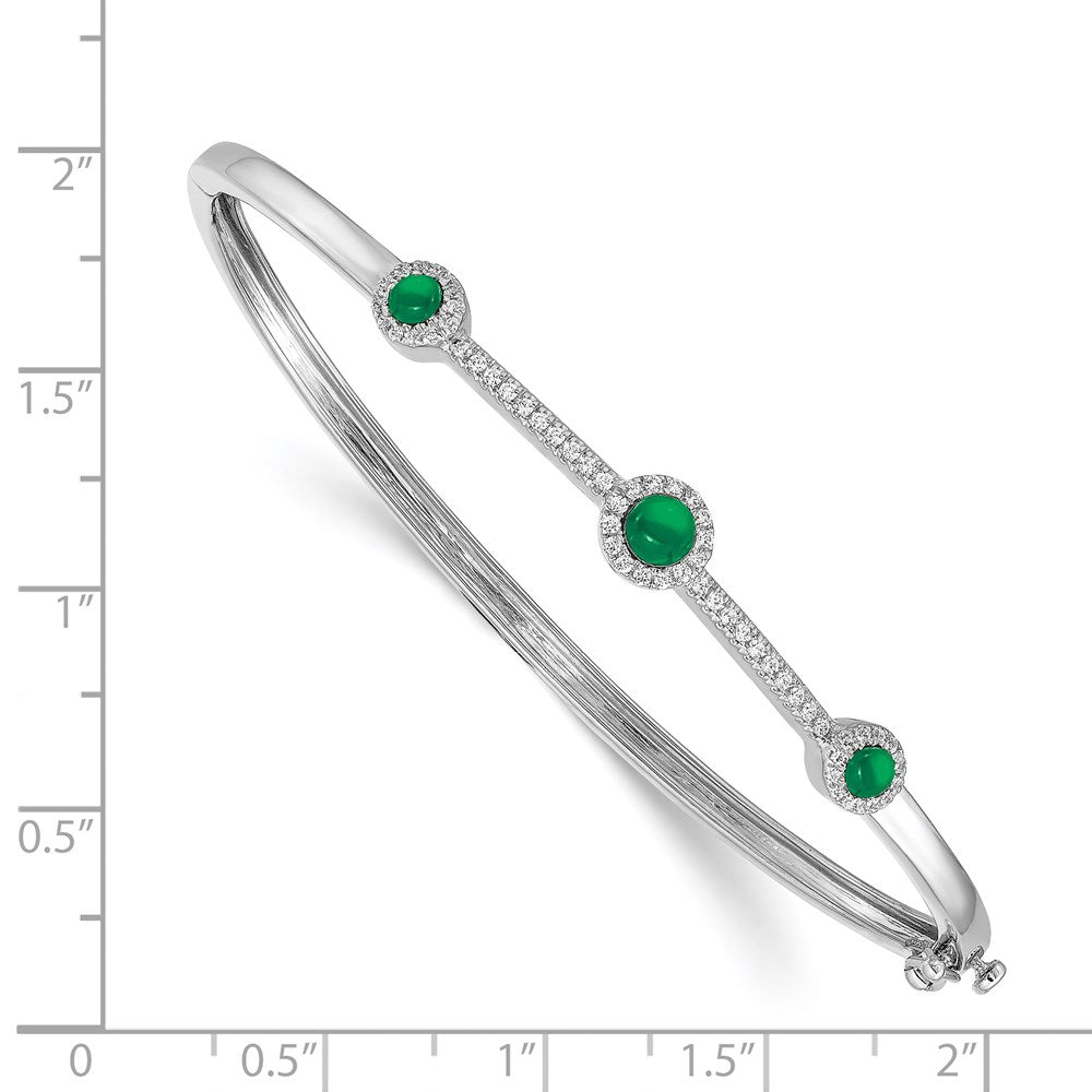 14k White Gold Complete 1/4 carat Diamond and Cabochon Emerald Hinged Bangle Bracelet - View 2