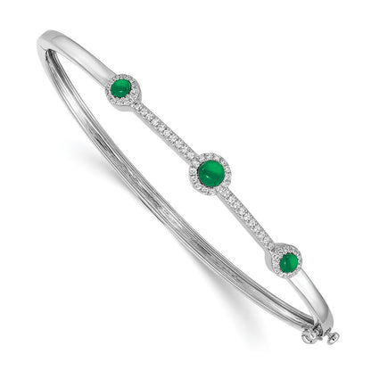 14k White Gold Complete 1/4 carat Diamond and Cabochon Emerald Hinged Bangle Bracelet - View 1