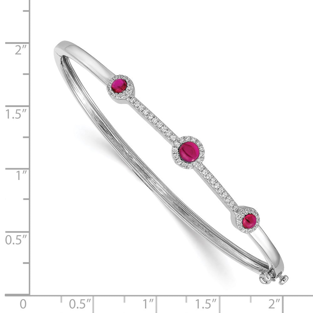 14k White Gold Complete 1/4 carat Diamond and Cabochon Ruby Hinged Bangle Bracelet - View 2