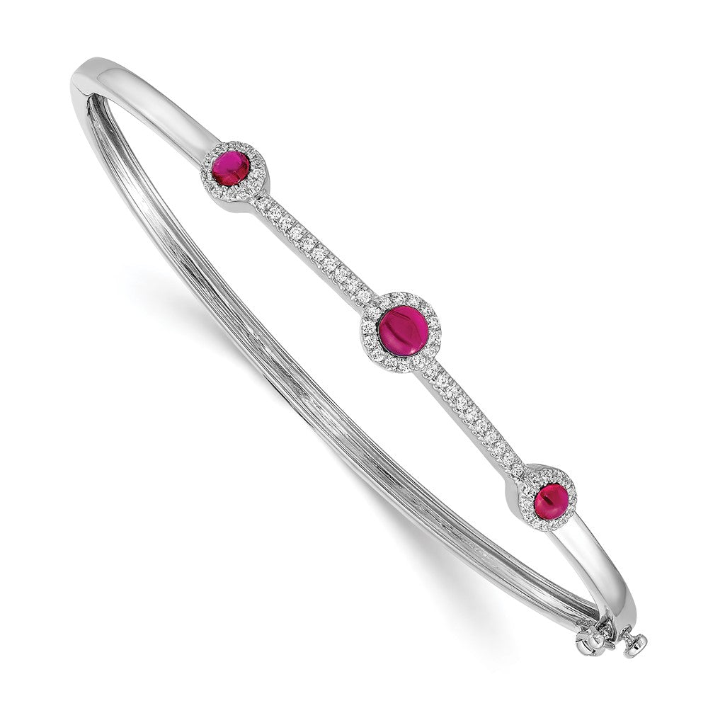 14k White Gold Complete 1/4 carat Diamond and Cabochon Ruby Hinged Bangle Bracelet