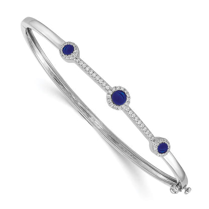 14k White Gold Complete 1/4 carat Diamond and Cabochon Sapphire Hinged Bangle Bracelet - View 1