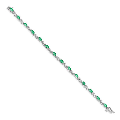 14k White Gold Complete Diamond and Oval Emerald Curved Link 7 inch Bracelet - View 2