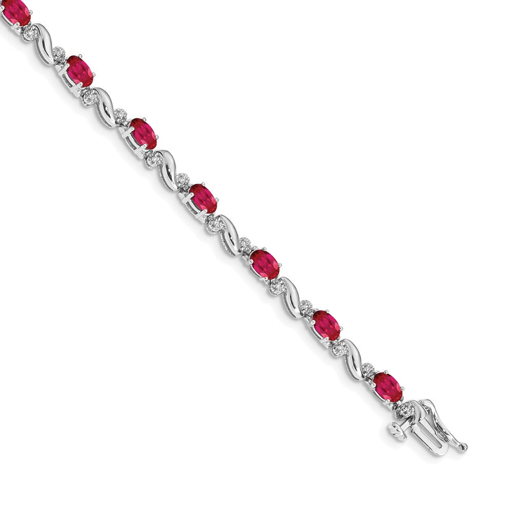14k White Gold Complete Diamond and Oval Ruby Curved Link 7 inch Bracelet - View 1