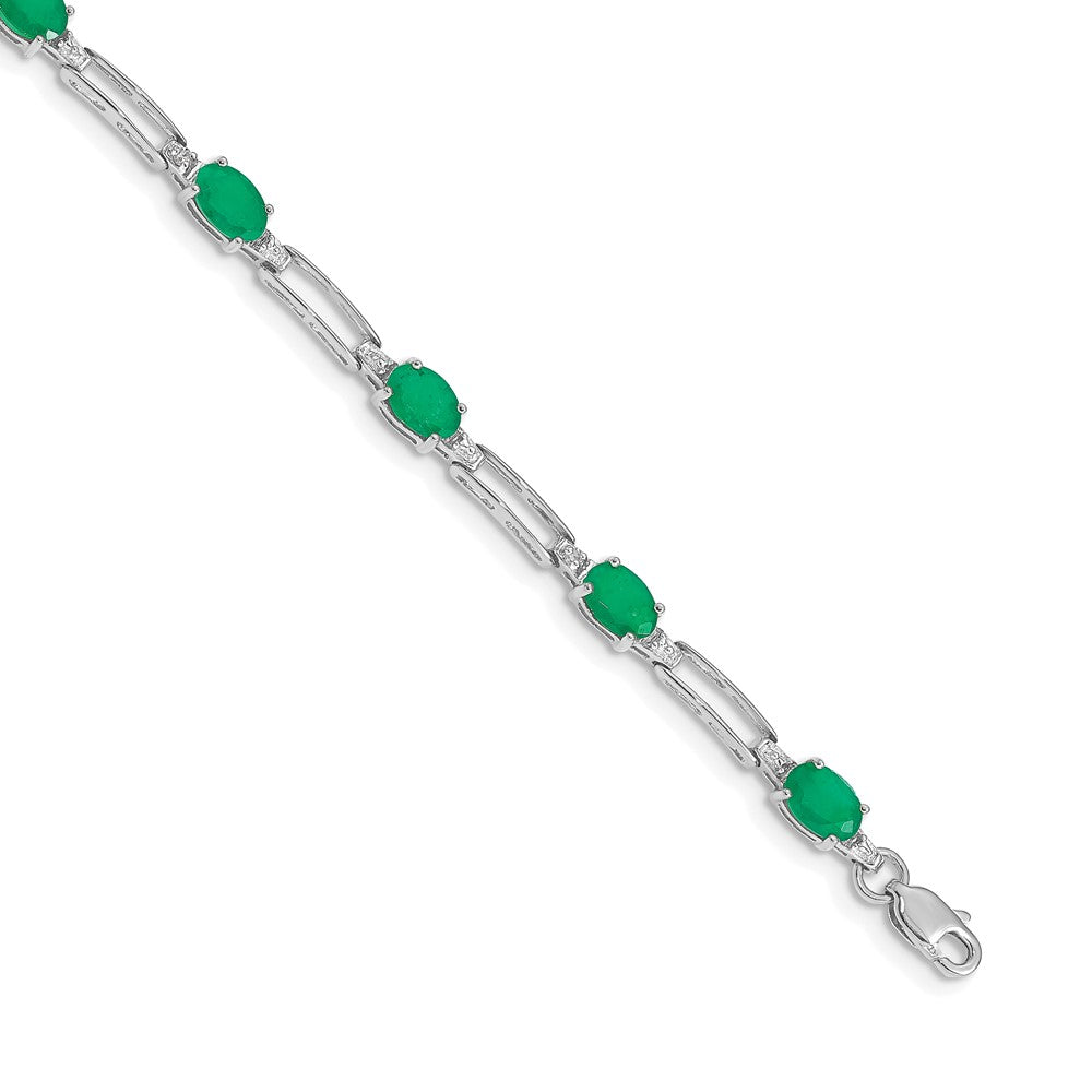 14k White Gold Complete Diamond and Oval Emerald Paperclip Link 7.25 inch Bracelet